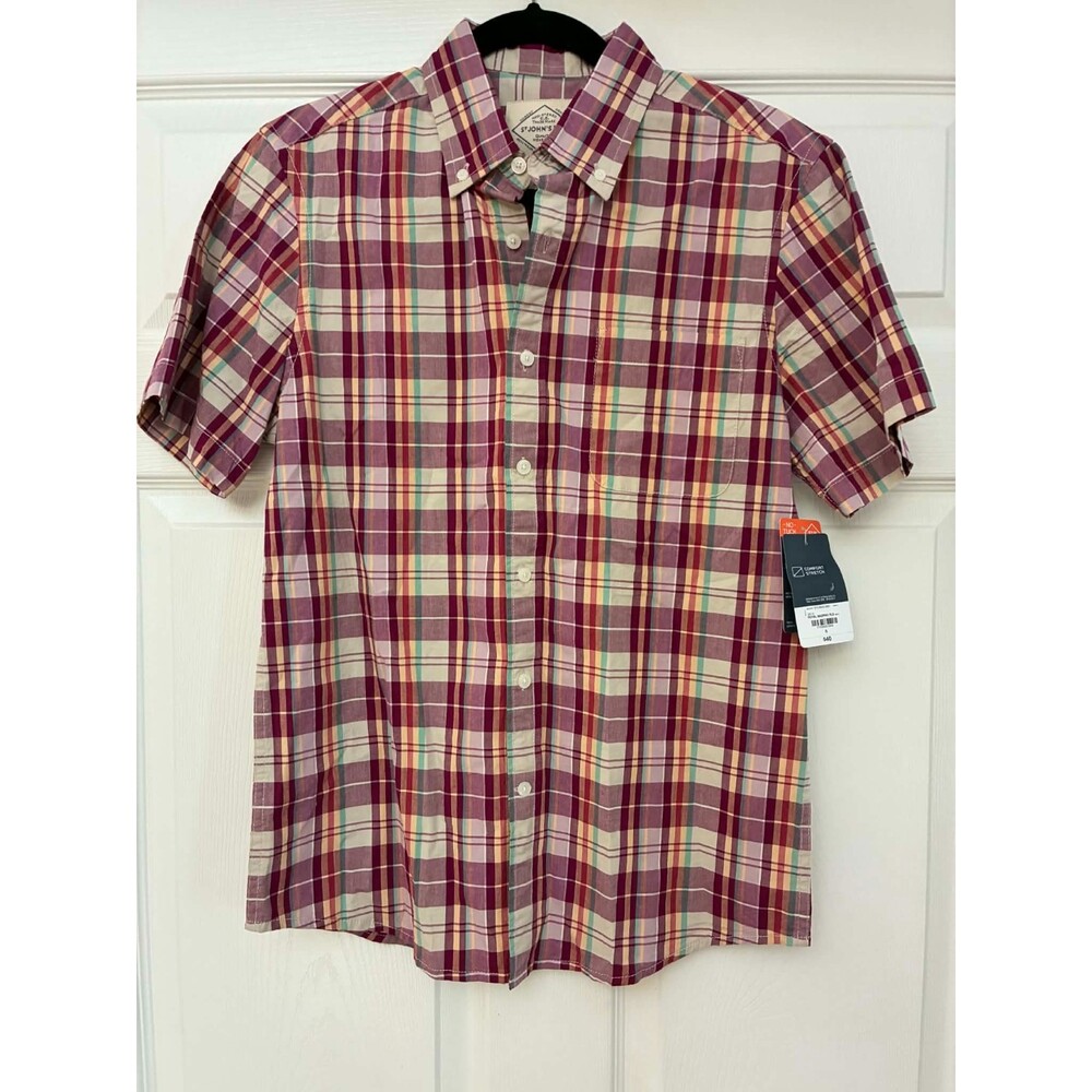 St. John's Bay No Tuck Mens Small Plaid Madras Short Sleeve Shirt NWT